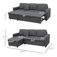 HOMCOM Sectional Sofa Bed, L-Shaped Loveseat Reversible Sleeper Sofa with Pull Out Couch Bed, Storage Chaise, Cushions, Linen Feel Fabric Futon Sofa Bed for Living Room, Dark Gray 89.75"(m-3)