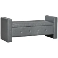 HOMCOM Storage Ottoman Bench with Soft Closing Hinged Lid, Faux Leather Upholstered Bench with Button Tufted Design and Armrests for Living Room, Gray(m-1)