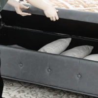 HOMCOM Storage Ottoman Bench with Soft Closing Hinged Lid, Faux Leather Upholstered Bench with Button Tufted Design and Armrests for Living Room, Gray(m-9)