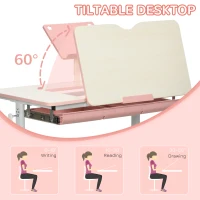 Qaba Kids Desk, Height Adjustable Children School Study Table, Student Writing Desk with Tilt Desktop, Drawer, Reading Board, Pink(m-5)
