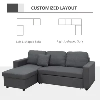 HOMCOM Sectional Sofa Bed, L-Shaped Loveseat Reversible Sleeper Sofa with Pull Out Couch Bed, Storage Chaise, Cushions, Linen Feel Fabric Futon Sofa Bed for Living Room, Dark Gray 89.75"(m-6)