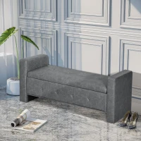 HOMCOM Storage Ottoman Bench with Soft Closing Hinged Lid, Faux Leather Upholstered Bench with Button Tufted Design and Armrests for Living Room, Gray(m-7)