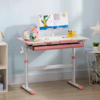 Qaba Kids Desk, Height Adjustable Children School Study Table, Student Writing Desk with Tilt Desktop, Drawer, Reading Board, Pink(m-2)