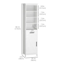 kleankin Tall Bathroom Storage Cabinet, Free Standing Bathroom Cabinet Slim Side Organizer w/ 3-Tier Open Shelf, Door, and Drawer, White(m-3)