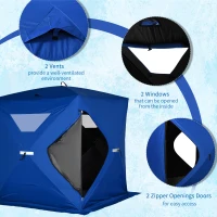 Outsunny 2-4 Person Pop-up Ice Fishing Tent Portable Ice Fishing Shelter with Windproof Windows and Carrying Bag Hub Fish Shelter, Blue(m-7)