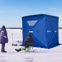 Outsunny 2-4 Person Pop-up Ice Fishing Tent Portable Ice Fishing Shelter with Windproof Windows and Carrying Bag Hub Fish Shelter, Blue(m-1)