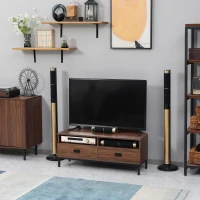 HOMCOM Corner TV Stand for TV up to 46", Entertainment Center with Open Storage and Drawers, TV Table with Steel Legs, Dark Walnut(m-8)