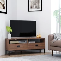 HOMCOM Corner TV Stand for TV up to 46", Entertainment Center with Open Storage and Drawers, TV Table with Steel Legs, Dark Walnut(m-2)
