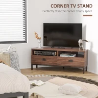 HOMCOM Corner TV Stand for TV up to 46", Entertainment Center with Open Storage and Drawers, TV Table with Steel Legs, Dark Walnut(m-4)