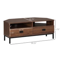 HOMCOM Corner TV Stand for TV up to 46", Entertainment Center with Open Storage and Drawers, TV Table with Steel Legs, Dark Walnut(m-3)