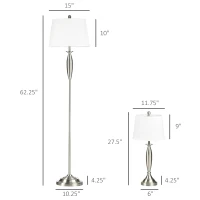 HOMCOM Boho Desk Lamp & Floor Lamps Set of 3, 3 Piece Lamp Set for Living Room, Bedroom, & More, Linen Lampshade, Steel Base, Silver(m-3)