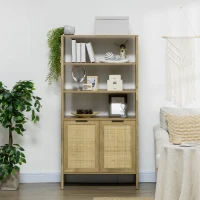 HOMCOM Boho Bookshelf, Storage Cabinet with 3 Open Shelves and Natural Rattan Decor, Bookcase for Living Room, Study, Oak(m-7)