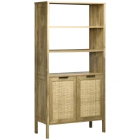 HOMCOM Boho Bookshelf, Storage Cabinet with 3 Open Shelves and Natural Rattan Decor, Bookcase for Living Room, Study, Oak(m-1)