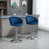 HOMCOM Modern Upholstered Adjustable Barstools with Swivel Seat, Velvet Touch Fabric, Steel Frame, Footrest, ‎Blue(m-2)