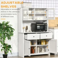 HOMCOM 63.5" Kitchen Buffet with Hutch, Pantry Storage Cabinet with 4 Shelves, Drawers, Framed Glass Doors, Open Microwave Countertop, Antique White(m-6)