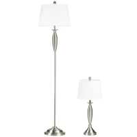 HOMCOM Boho Desk Lamp & Floor Lamps Set of 3, 3 Piece Lamp Set for Living Room, Bedroom, & More, Linen Lampshade, Steel Base, Silver(m-1)