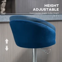 HOMCOM Modern Upholstered Adjustable Barstools with Swivel Seat, Velvet Touch Fabric, Steel Frame, Footrest, ‎Blue(m-5)