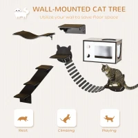 PawHut Wall-Mounted Cat Tree Climbing Playground with Curved Platform, Cozy House, Bridge, Stairs, and Perch - Modern Cat Tree for Climbing, Playing, Coffee Brown(m-3)