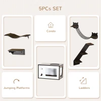 PawHut Wall-Mounted Cat Tree Climbing Playground with Curved Platform, Cozy House, Bridge, Stairs, and Perch - Modern Cat Tree for Climbing, Playing, Coffee Brown(m-4)