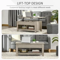 HOMCOM 42" Lift Top Coffee Table with Hidden Storage Compartment and Open Shelves, Lift Tabletop Pop-Up Accent Table for Living Room, Oak Wood Grain(m-4)