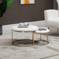 HOMCOM Nesting Coffee Table Set of 2, Round End Tables with Velvet-Feel Button Tufted Top for Living Room, Home Office, White(m-2)