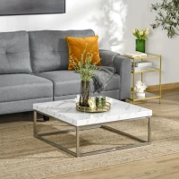 HOMCOM Square Coffee Table with Faux Marble Tabletop, Low Table for Sitting on The Floor, Stainless Steel Frame for Living Room, White(m-7)