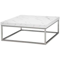 HOMCOM Square Coffee Table with Faux Marble Tabletop, Low Table for Sitting on The Floor, Stainless Steel Frame for Living Room, White(m-1)