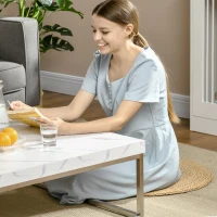 HOMCOM Square Coffee Table with Faux Marble Tabletop, Low Table for Sitting on The Floor, Stainless Steel Frame for Living Room, White(m-13)