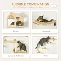 PawHut 8PCs Cat Wall Shelves Pet Wall-mounted Climbing Shelf Set with Cushion Condo Scratching Posts Hammock Oak(m-5)