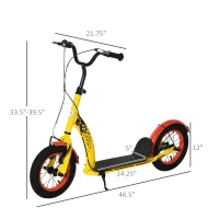 Aosom Kids Kick Scooter Adjustable Height, Front Rear Dual Brakes, 12-Inch Inflatable Rubber Wheels, for 5+ Years, Yellow(m-3)