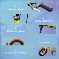 Aosom Kids Kick Scooter Adjustable Height, Front Rear Dual Brakes, 12-Inch Inflatable Rubber Wheels, for 5+ Years, Yellow(m-7)