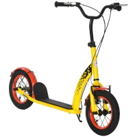 Aosom Kids Kick Scooter Adjustable Height, Front Rear Dual Brakes, 12-Inch Inflatable Rubber Wheels, for 5+ Years, Yellow(m-2)