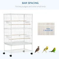 PawHut 52" Large Rolling Steel Bird Cage Bird House with Rolling Stand, Storage Shelf, Wood Perch, Food Container, White(m-6)