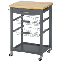HOMCOM 3-Tier Kitchen Cart, Utility Cart with Solid Wood Top, Steel Basket, Rolling Kitchen Island with Drawer, Microwave Stand, Gray(m-9)