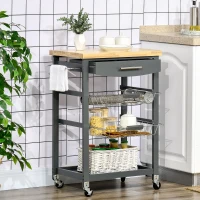 HOMCOM 3-Tier Kitchen Cart, Utility Cart with Solid Wood Top, Steel Basket, Rolling Kitchen Island with Drawer, Microwave Stand, Gray(m-8)