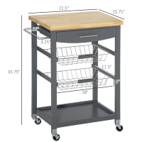 HOMCOM 3-Tier Kitchen Cart, Utility Cart with Solid Wood Top, Steel Basket, Rolling Kitchen Island with Drawer, Microwave Stand, Gray(m-3)