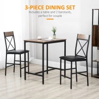 HOMCOM 3 Piece Bar Table and Chairs Set, Dining Table Set with PU Padded Stools and Steel Frame for Kitchen, Small Spaces, Brown(m-4)