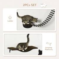 PawHut 2 pcs. Cat Wall Shelves, Pet Wall-mounted Climbing Shelf Set, Kitten Activity Center with Cushion, Jumping Platform, Ladder, Coffee Brown(m-5)
