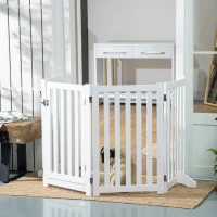 PawHut Foldable Dog Gate with Door, 4 Panels Freestanding Pet Gate with Support Feet Indoor Playpen for Medium Dogs and Below, White(m-1)