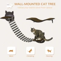PawHut 2 pcs. Cat Wall Shelves, Pet Wall-mounted Climbing Shelf Set, Kitten Activity Center with Cushion, Jumping Platform, Ladder, Coffee Brown(m-4)