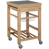 HOMCOM Bamboo Rolling Kitchen Island on Wheels Storage Cart with Granite Top, a Slide-Out Basket & Wine Storage Rack(m-9)