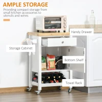 HOMCOM Utility Kitchen Cart, Rolling Kitchen Island with Smooth Rubberwood Top, Narrow Butcher Block Surface on Wheels with Storage Drawer & Cabinet, White(m-4)