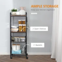 HOMCOM Kitchen Cart with Storage, 16"W Slim Rolling Cart, 4 Tier Kitchen Shelves on Wheels with Side Racks, 2 Basket for Fruit Vegetable, Utility Cart for Narrow Space, Laundry, Walnut(m-4)