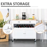 HOMCOM Rolling Kitchen Island Cart, Trolley Cart with Wine Rack, Rubberwood Top, Drawer and Hook, White(m-6)