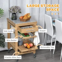 HOMCOM Bamboo Rolling Kitchen Island on Wheels Storage Cart with Granite Top, a Slide-Out Basket & Wine Storage Rack(m-5)