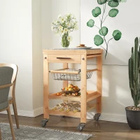 HOMCOM Bamboo Rolling Kitchen Island on Wheels Storage Cart with Granite Top, a Slide-Out Basket & Wine Storage Rack(m-8)