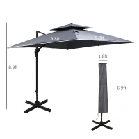 Outsunny 10ft Offset Patio Umbrella with Base, Double Top Hanging Aluminum Cantilever Umbrella with 360-degree Rotation, Easy Tilt, 8 Ribs, Crank, Cross Base, Cover, Strap, Dark Gray(m-3)
