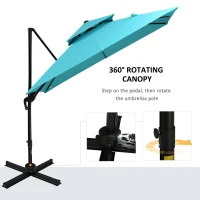Outsunny 10ft Offset Patio Umbrella with Base, Double Top Hanging Aluminum Cantilever Umbrella with 360-degree Rotation, Easy Tilt, 8 Ribs, Crank, Cross Base, Cover, Strap, Light Blue(m-4)