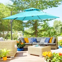 Outsunny 10ft Offset Patio Umbrella with Base, Double Top Hanging Aluminum Cantilever Umbrella with 360-degree Rotation, Easy Tilt, 8 Ribs, Crank, Cross Base, Cover, Strap, Light Blue(m-2)