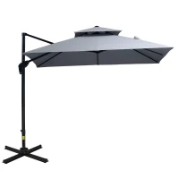 Outsunny 10ft Offset Patio Umbrella with Base, Double Top Hanging Aluminum Cantilever Umbrella with 360-degree Rotation, Easy Tilt, 8 Ribs, Crank, Cross Base, Cover, Strap, Dark Gray(m-1)